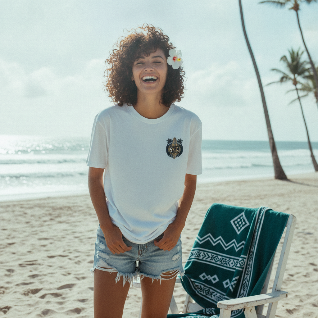 A diverse model wears the BLUEI North Shore Surf T-Shirt on a bright, airy beach, embodying a relaxed summer lifestyle.