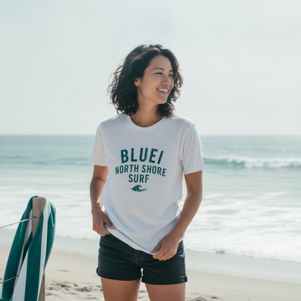 Person wearing a BLUEI North Shore Surf T-Shirt on a sunny beach with gentle ocean waves.