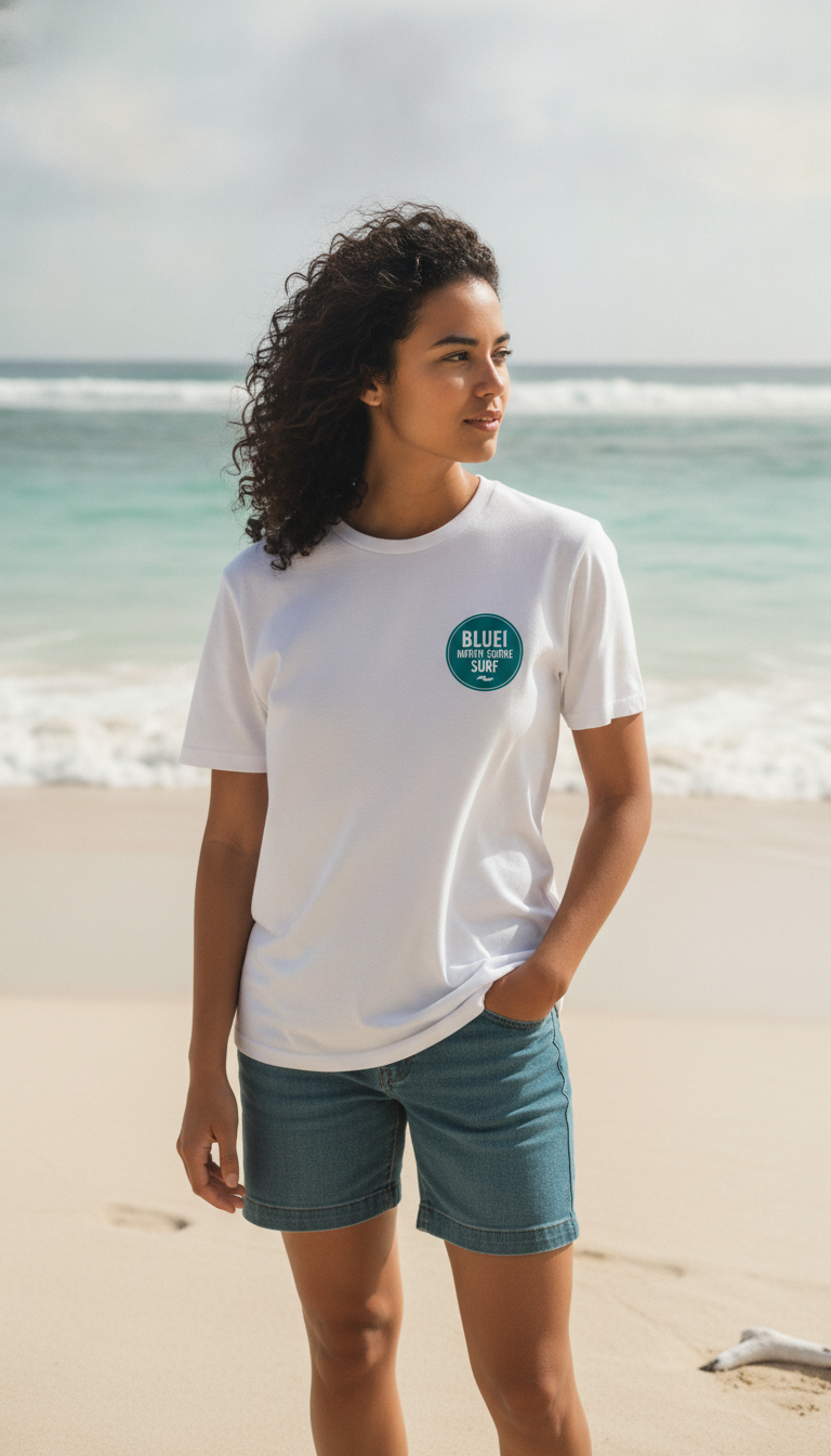 A person wearing a BLUEI North Shore Surf T-Shirt stands on a sandy Hawaiian beach with gentle waves.