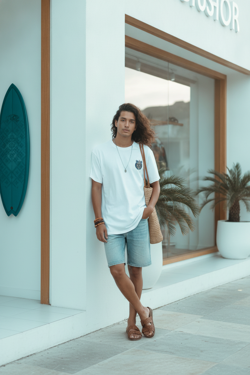 A diverse model wears a BLUEI North Shore Surf T-Shirt in front of a modern beachwear store exterior with subtle teal and aqu