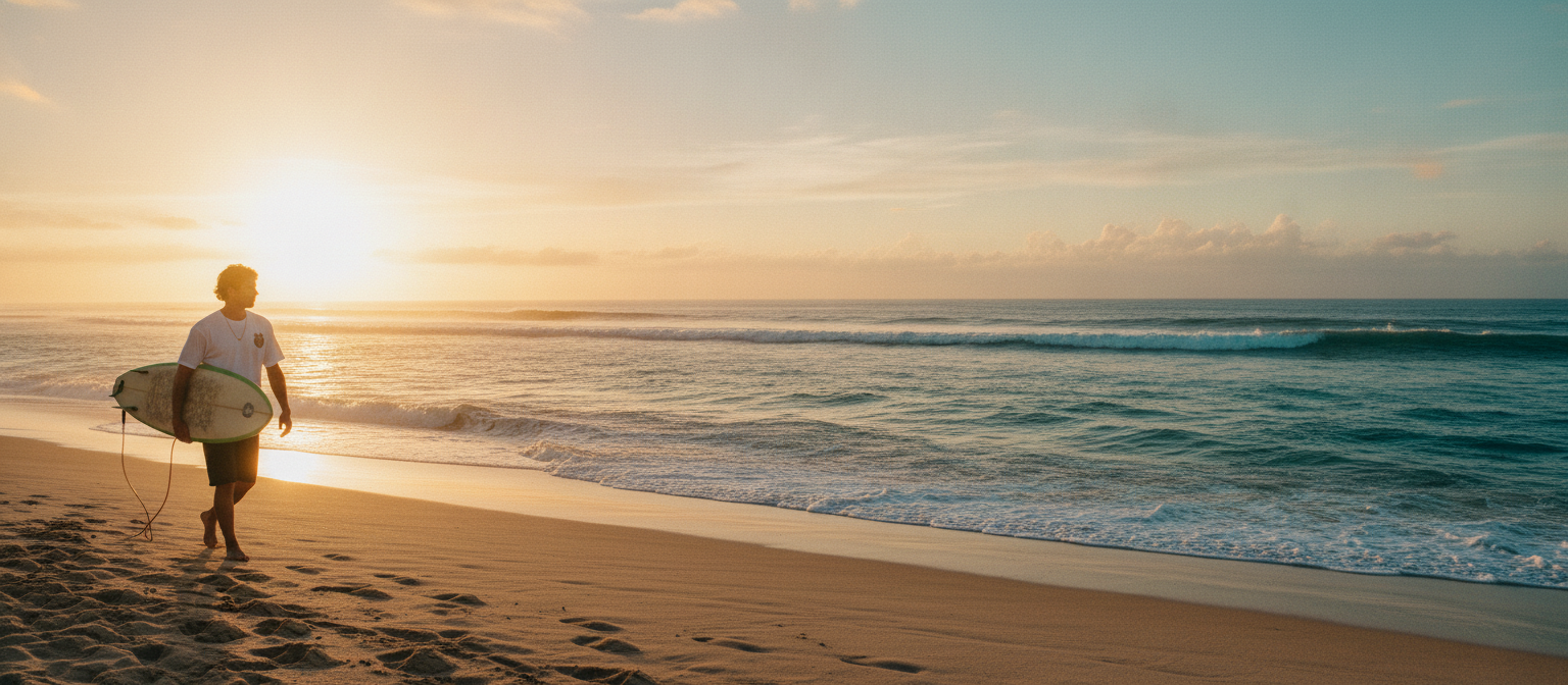 A surfer in a BLUEI North Shore Surf T-Shirt walks along a sunlit sandy beach with a surfboard, vast ocean and clear sky behi