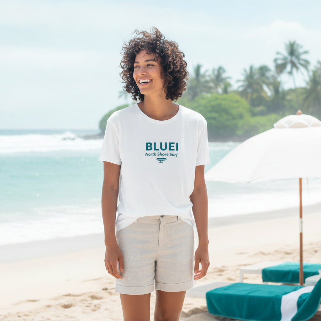 A person wearing a BLUEI North Shore Surf T-Shirt on a sunny beach, with subtle tropical accents in the background.