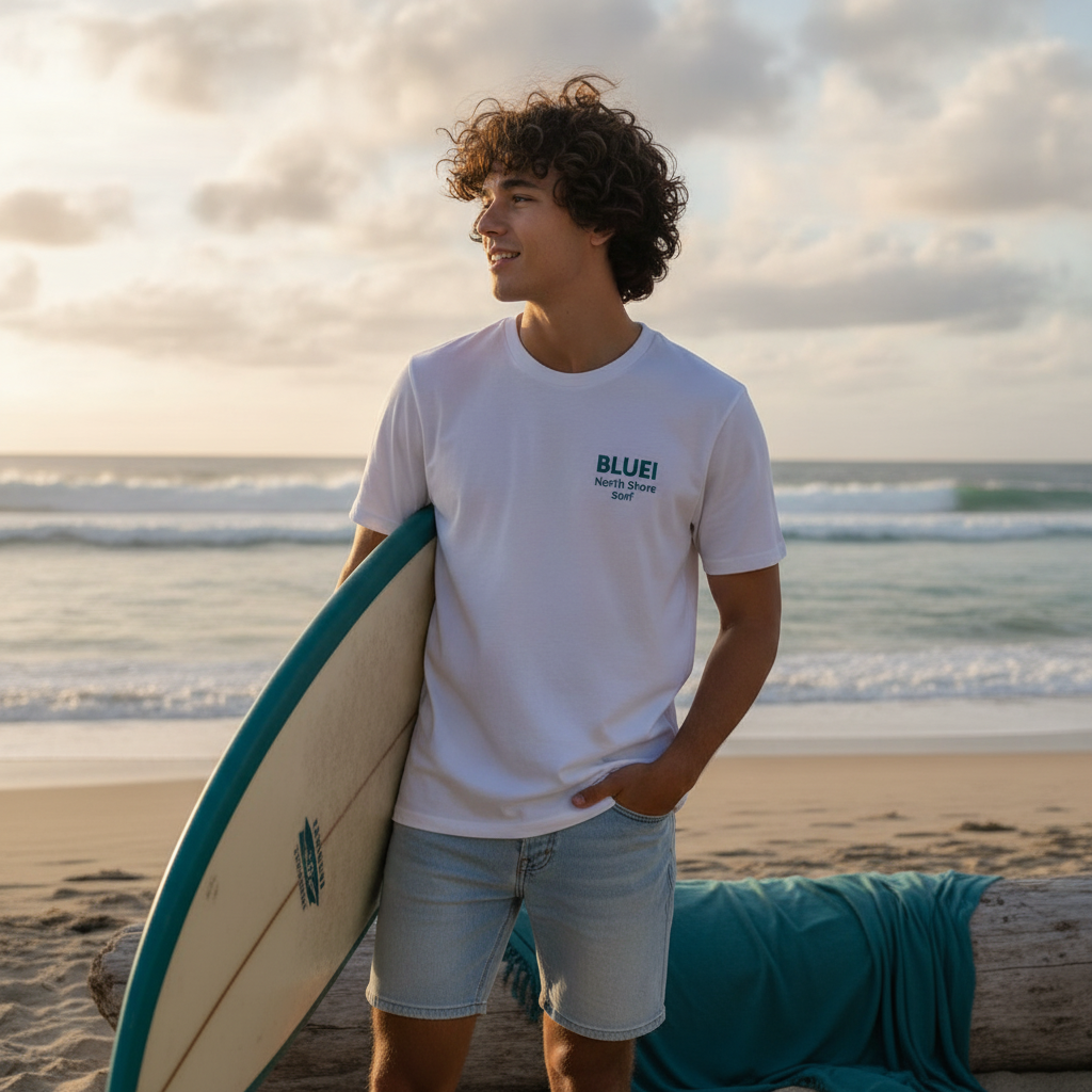 A person wearing a BLUEI North Shore Surf T-Shirt in a candid, editorial-style photograph set outdoors on a sunny beach.