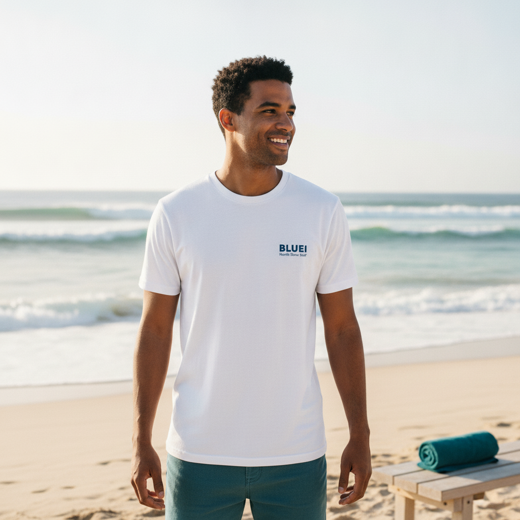 A diverse male model wearing a BLUEI North Shore Surf T-Shirt smiles on a sunny beach with ocean waves in the background.