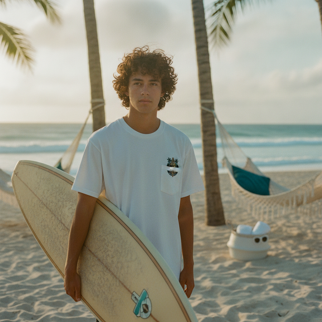 A person wearing a BLUEI North Shore Surf T-Shirt stands outdoors in a bright, airy coastal setting.