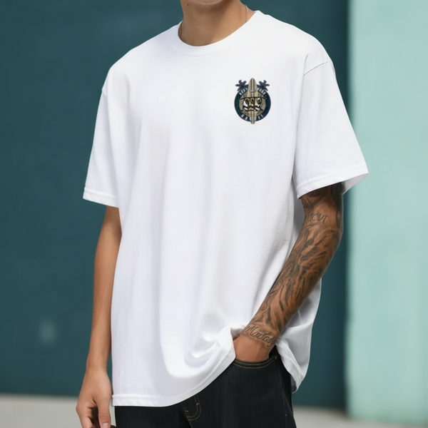 A person wearing a BLUEI North Shore Surf T-Shirt, highlighting its relaxed but intentional fit and clean lines, against a so