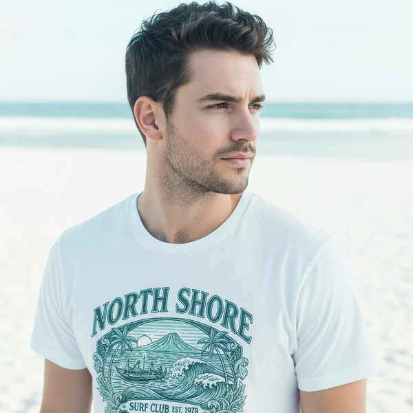 Close-up of a man wearing a BLUEI North Shore Surf T-Shirt, looking contemplatively at a blurred ocean horizon. The heritage-