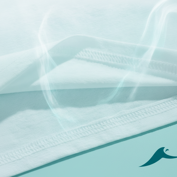 Close-up of a blue surf t-shirt fabric showing a lightweight weave with subtle heat escaping, emphasizing breathability.
