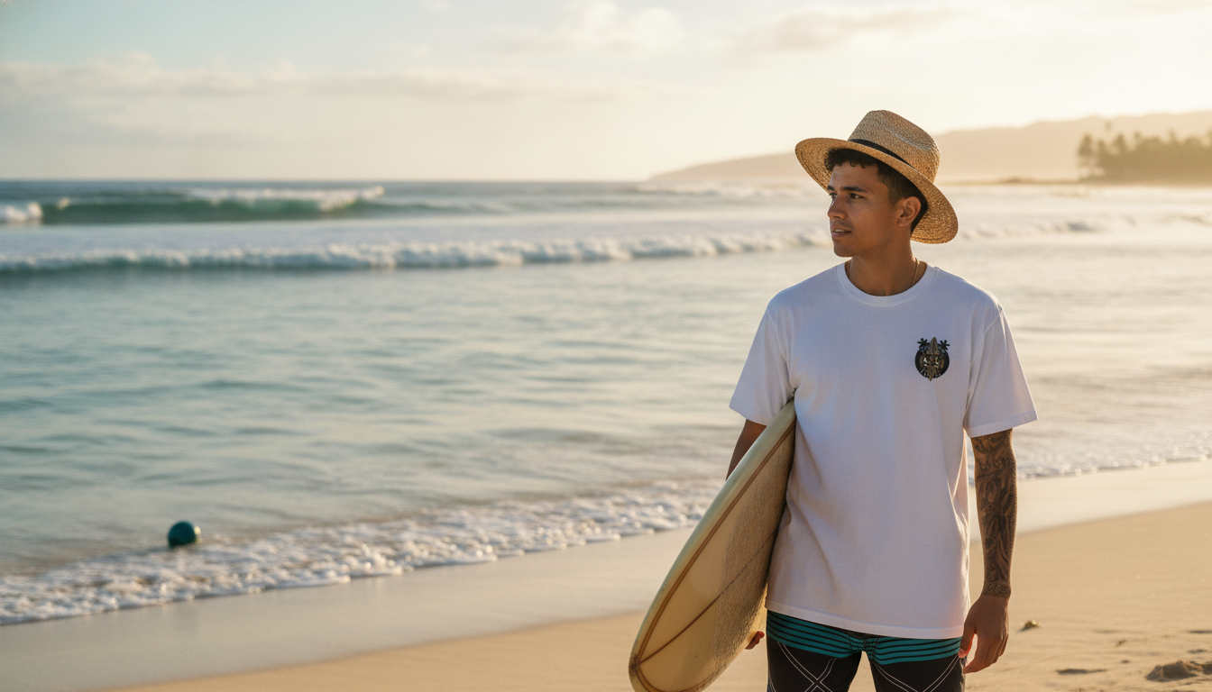 Man in a BLUEI North Shore Surf T-Shirt stands on a sunny beach with a surfboard, looking at the ocean.